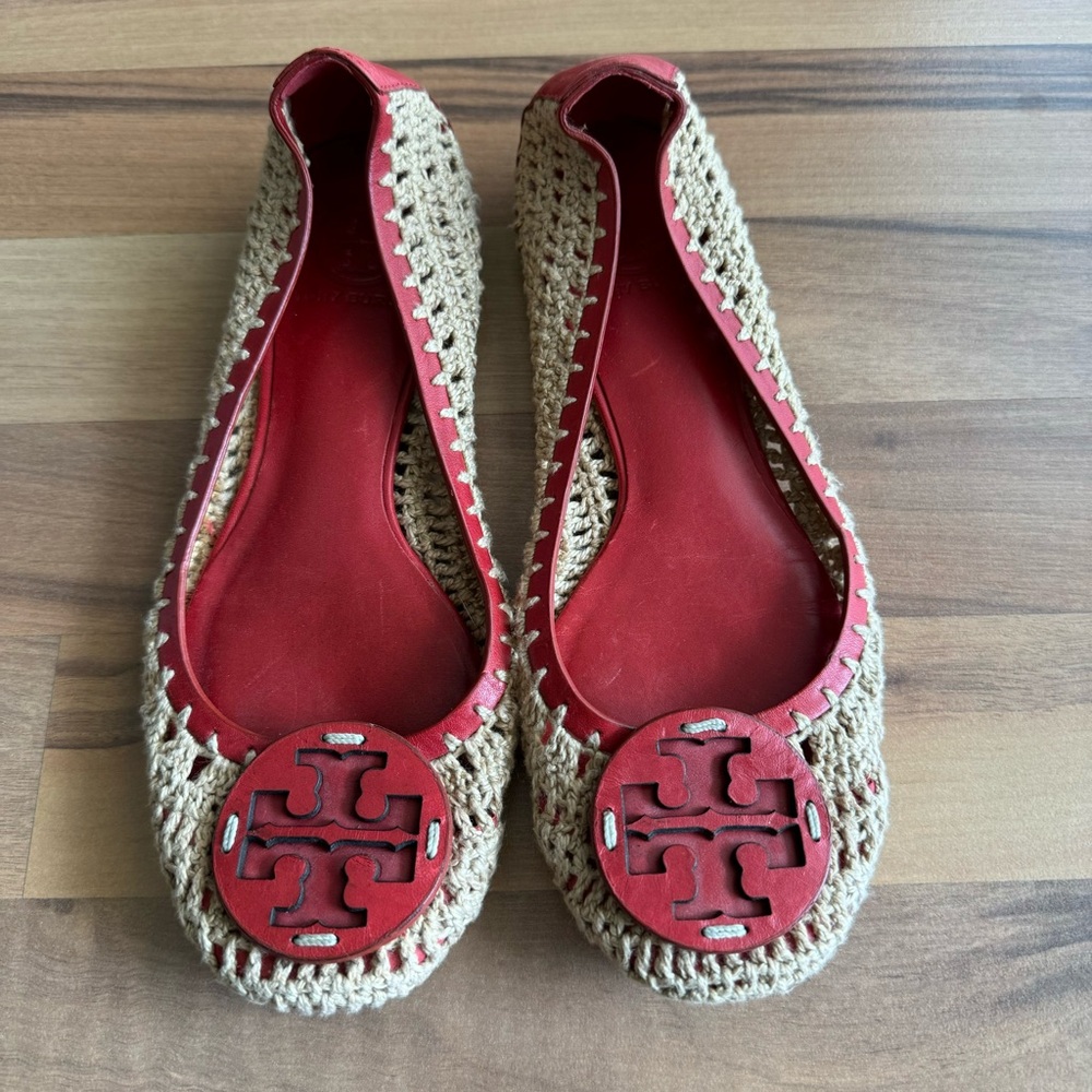 Tory Burch Tan and Red Flats with Woven Design